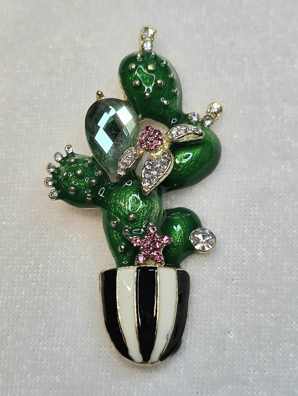 New Vibrant Green Enamel Rhinestone Cactus Brooch / Pin